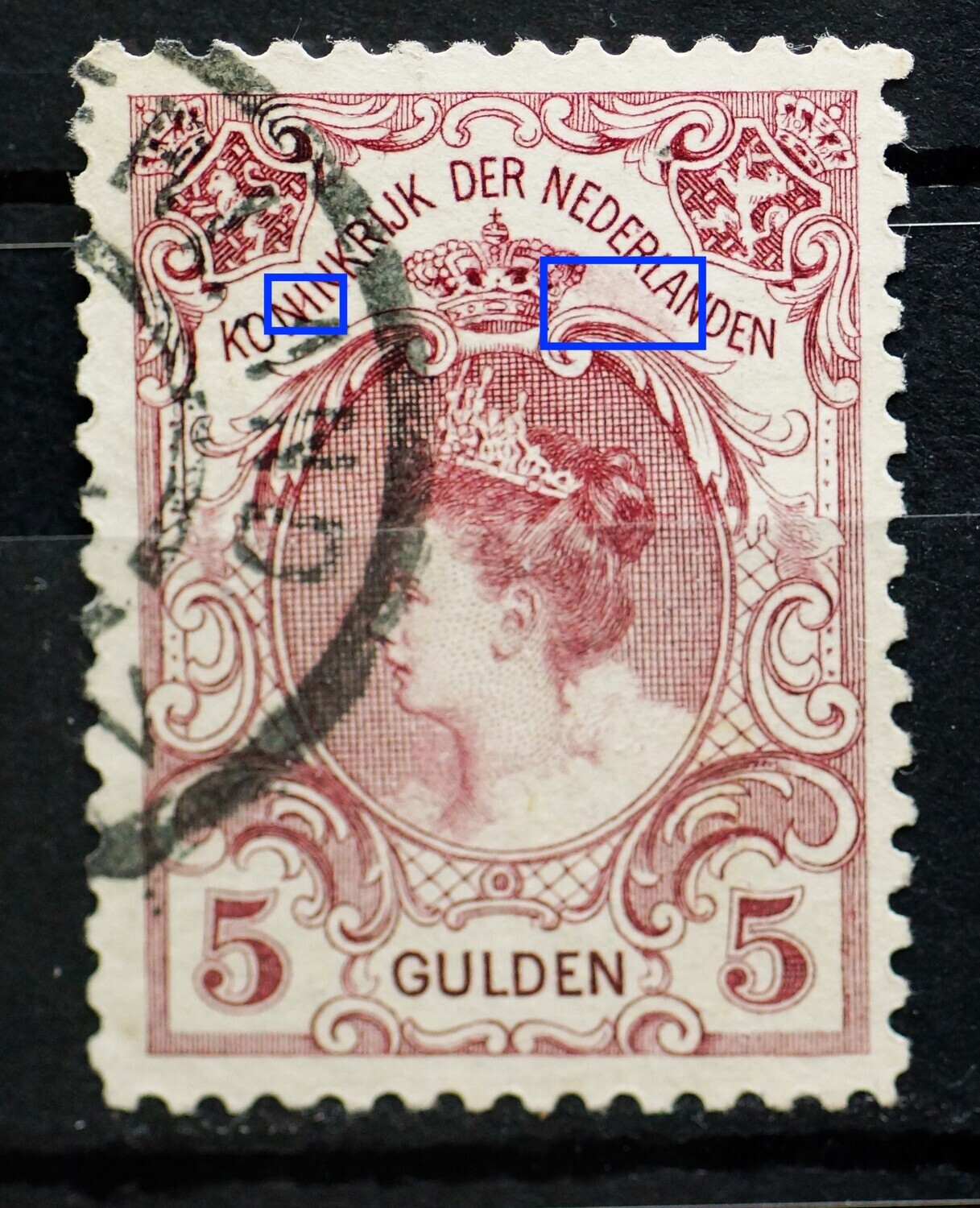 NVPH 79 - o.a. diagonaal rood streepje door de NI van KONINKRIJK en rode kleurveeg rechts van kroon