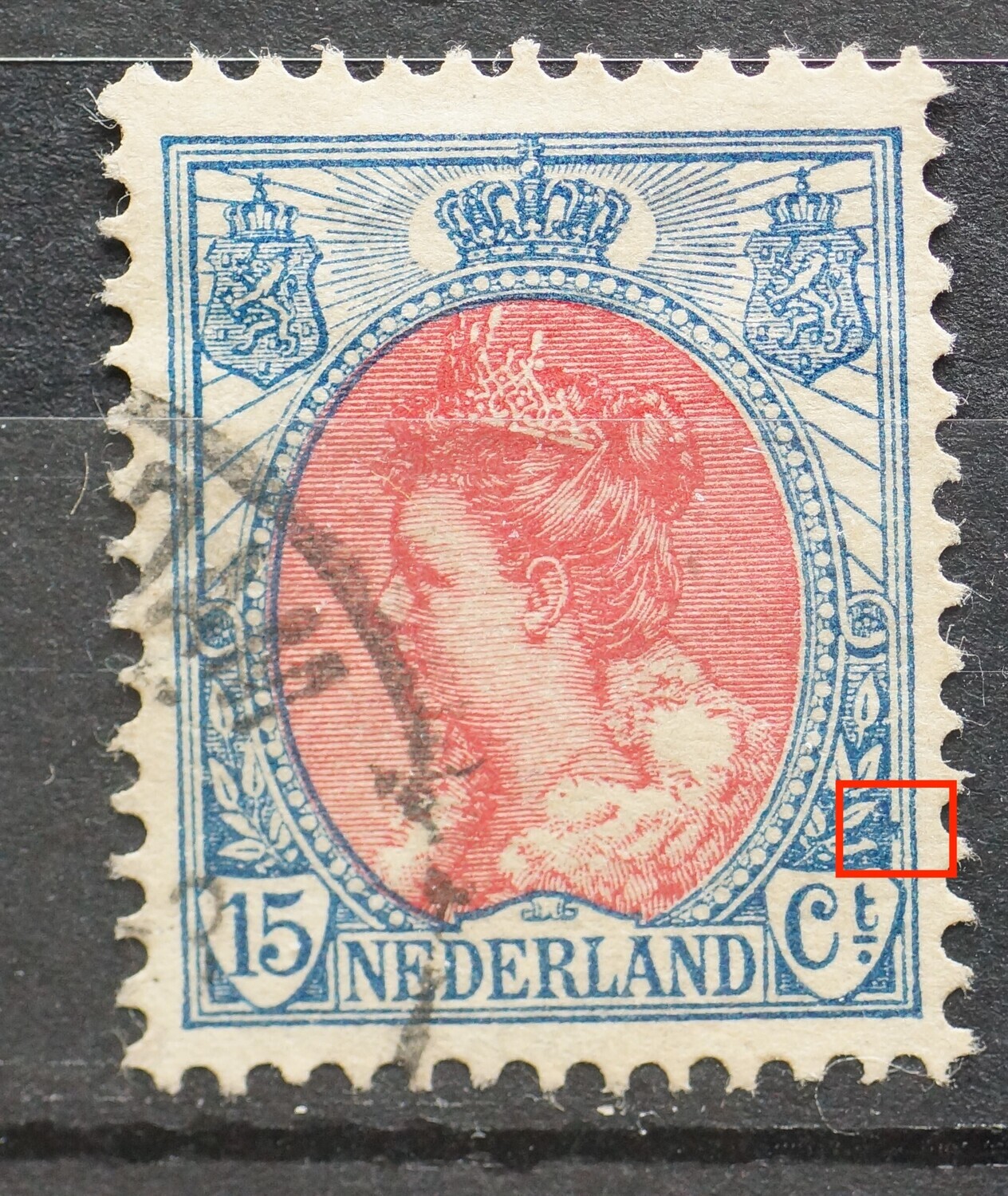 NVPH 65 - blauwe vlek tussen kaderlijnen rechts