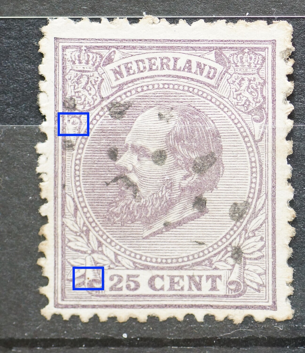 NVPH 26 - diverse violette punten in het zegelbeeld