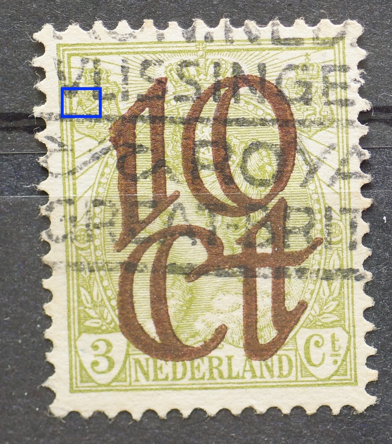 NVPH 116 - groene vlek boven de pijlenbundel in het linker wapenschild NVPH 116 - groene vlek boven de pijlenbundel in het linker wapenschild