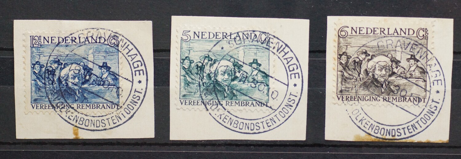 Gelegenheidsstempel Volkenbondstentoonstelling op Rembrandtzegels (NVPH 229-231)