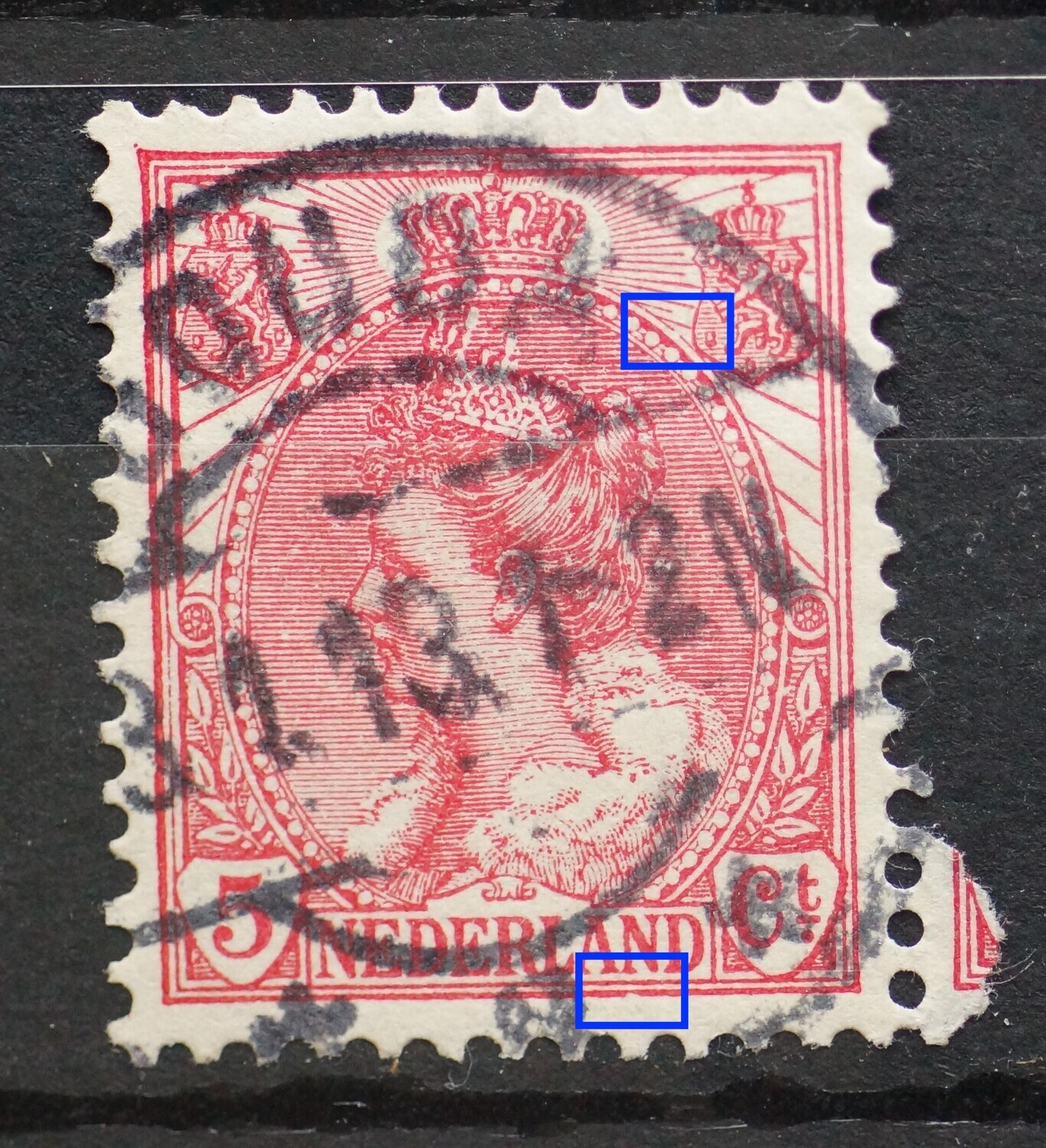 NVPH 60 - o.a. breuk in rand medaillon bij rechter wapenschild