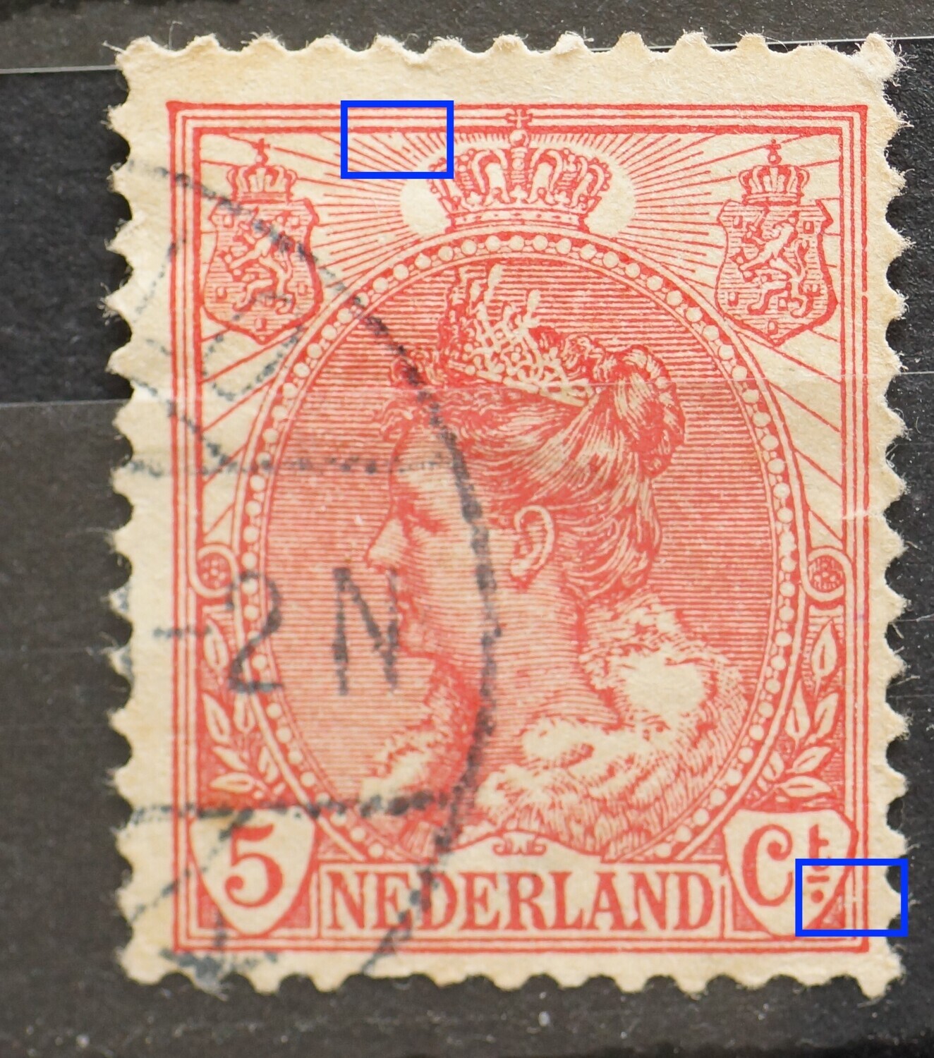 NVPH 60 - o.a. breuk in straal links van kroon NVPH 60 - o.a. breuk in straal links van kroon