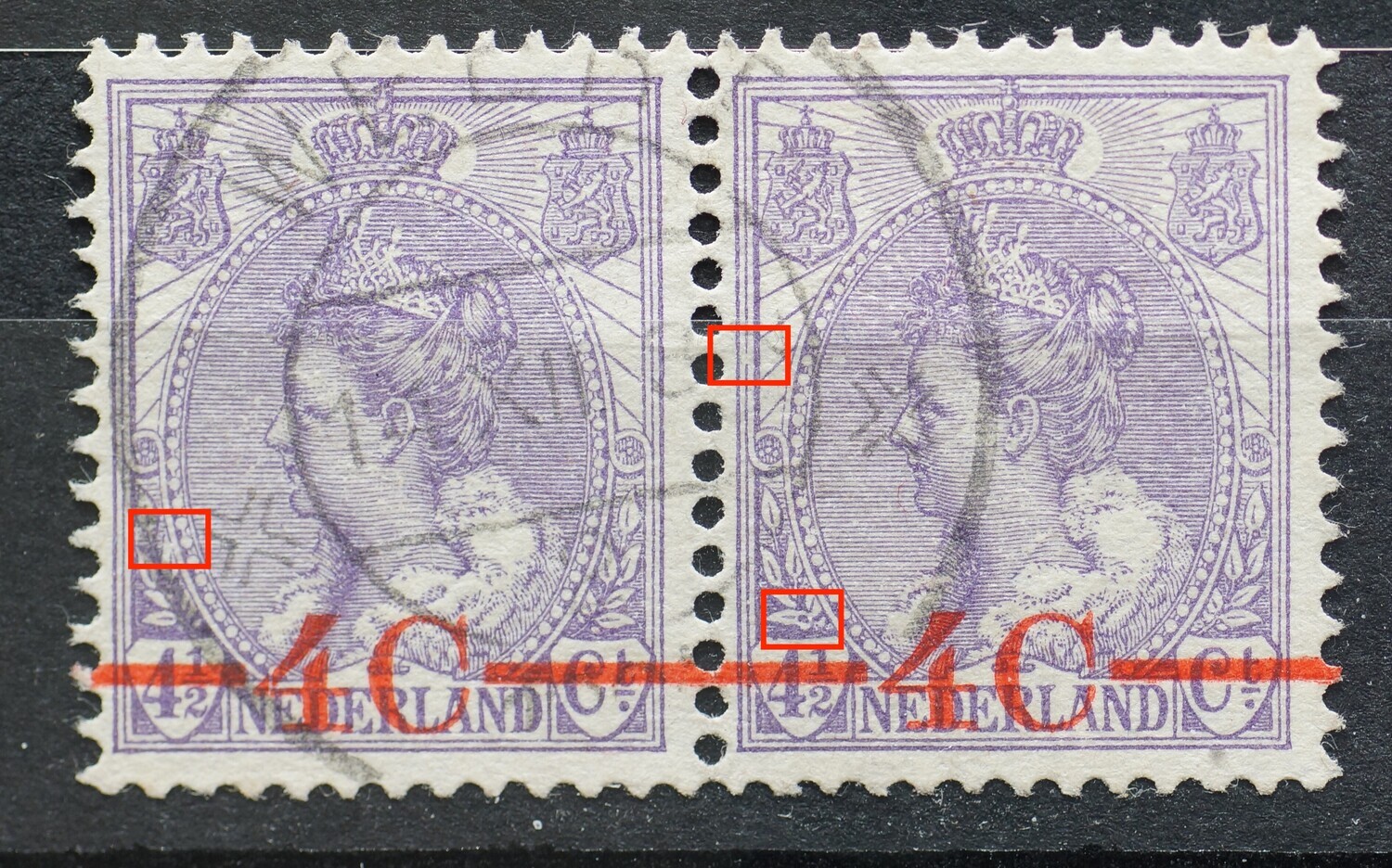 NVPH 106 (paar) - o.a. breuk in rand medaillon (linker zegel) en violette punt bij de bladeren links (rechter zegel) NVPH 106 (paar) - o.a. breuk in rand medaillon (linker zegel) en violette punt bij de bladeren links (rechter zegel)