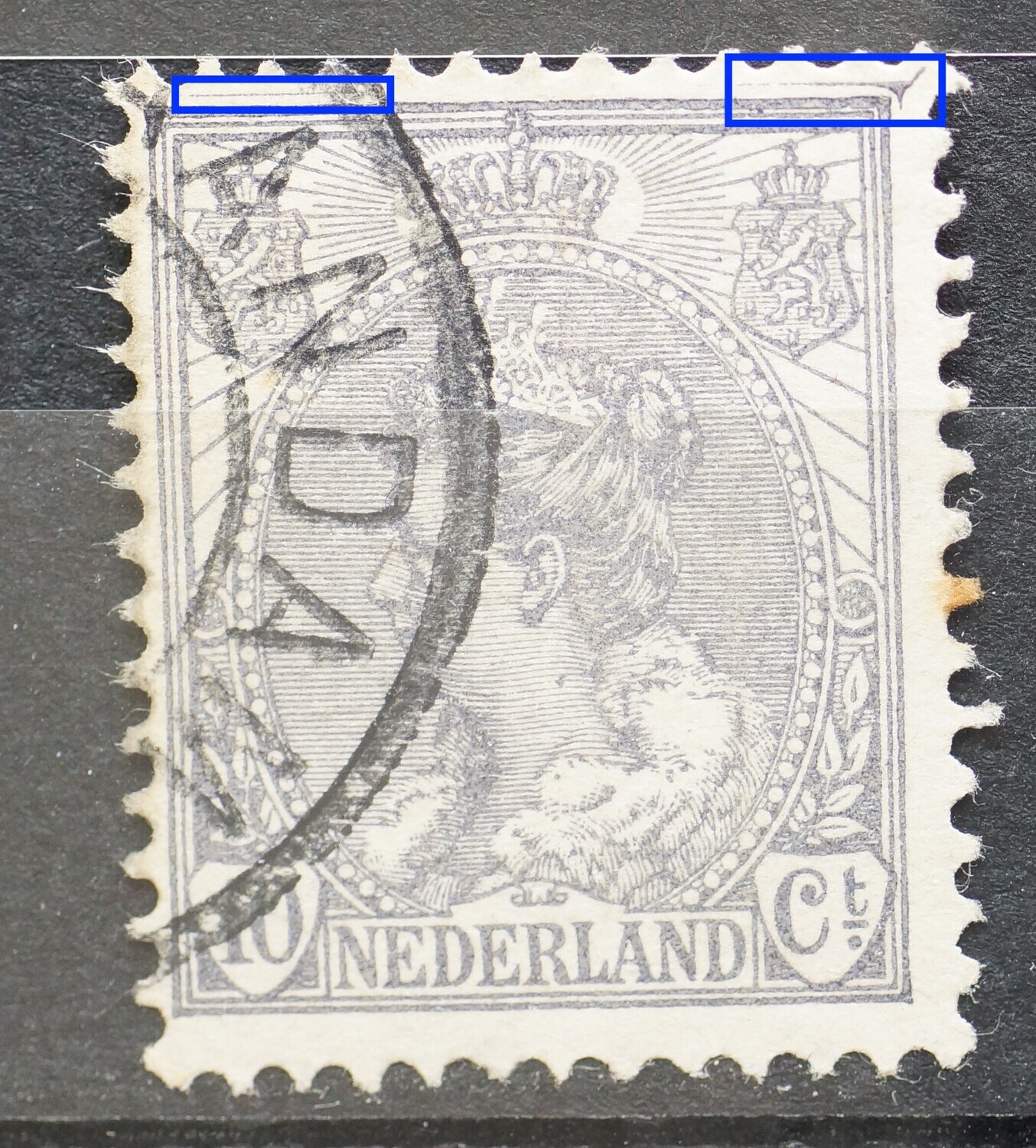 NVPH 62 - grijze lijn met uitloper boven het zegelbeeld