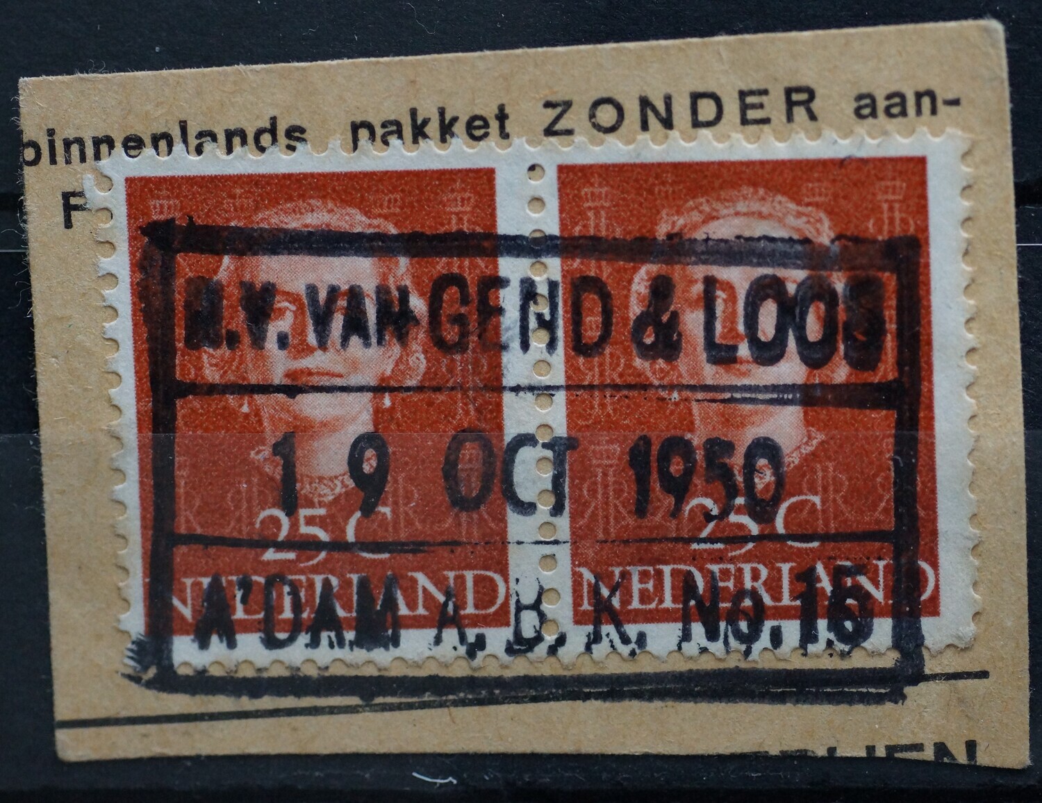 Spoorwegstempel Van Gend & Loos Amsterdam op NVPH 525 (paar)