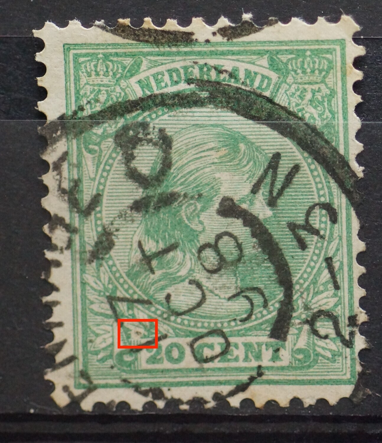 NVPH 40 - witte vlek links boven de 20 (speldenprik)