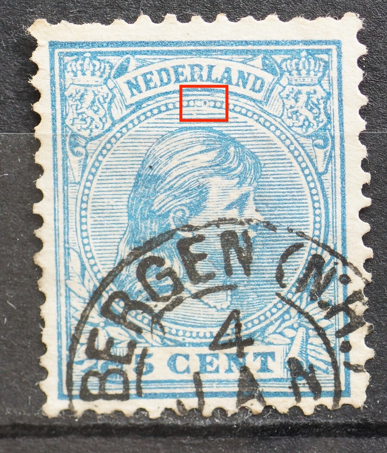 NVPH 35 - blauwe punt in parelrand onder RL van NEDERLAND