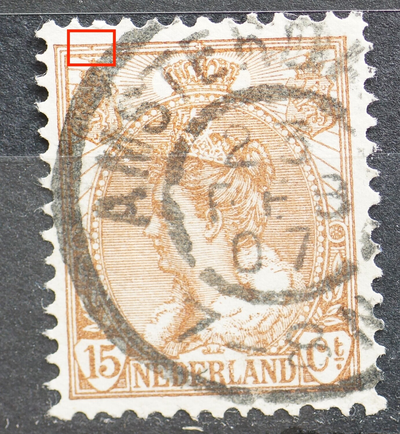 NVPH 64 - bruine vlek russen kaderlijnen boven, links NVPH 64 - bruine vlek russen kaderlijnen boven, links