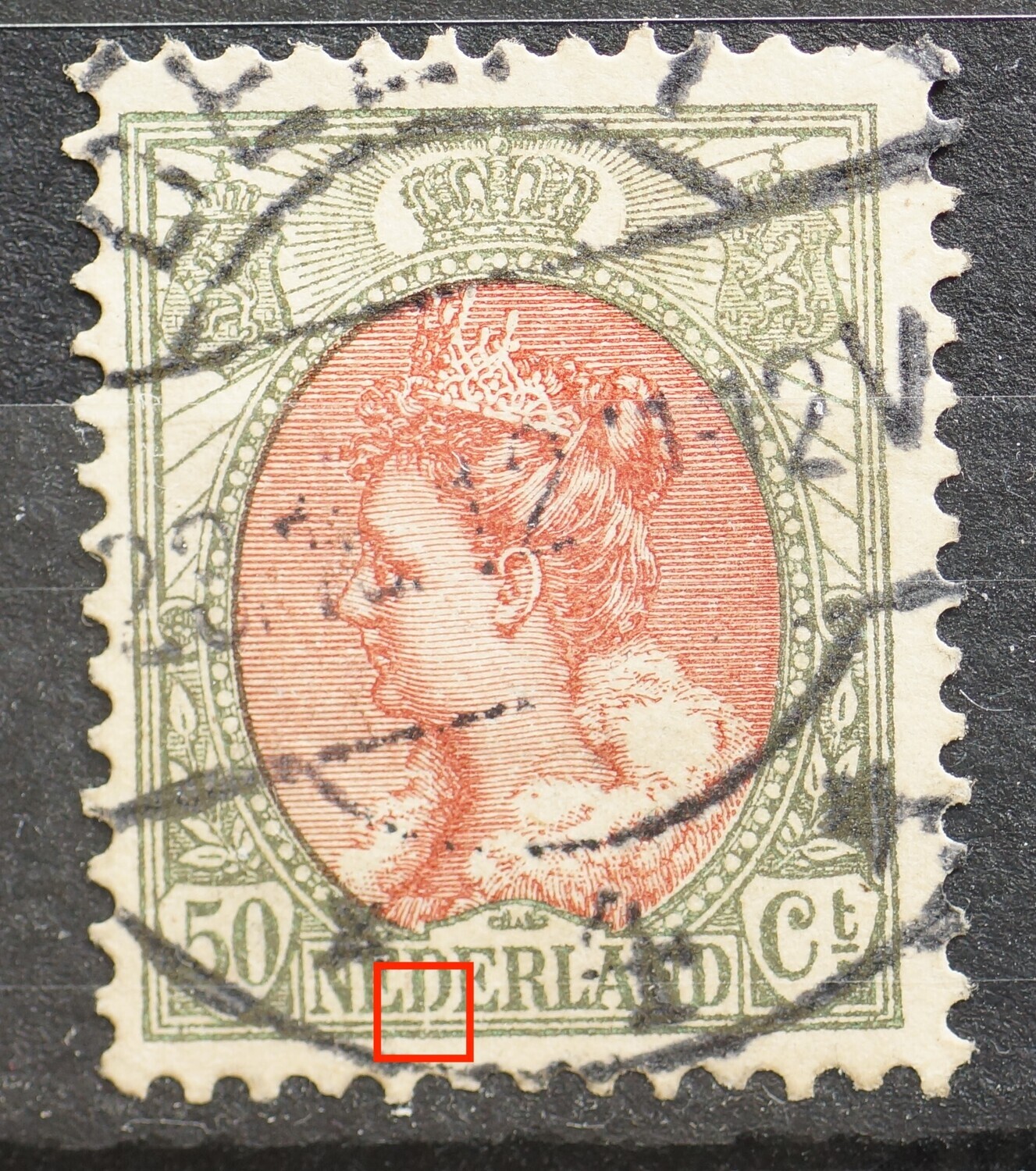 NVPH 74 - breuk in eerste D van NEDERLAND en kaderlijn daaronder NVPH 74 - breuk in eerste D van NEDERLAND en kaderlijn daaronder