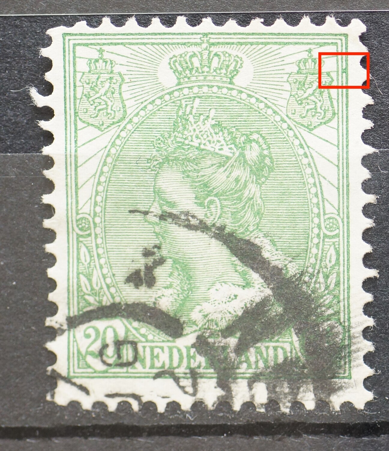 NVPH 68 - groene vlek tussen kaderlijnen rechts