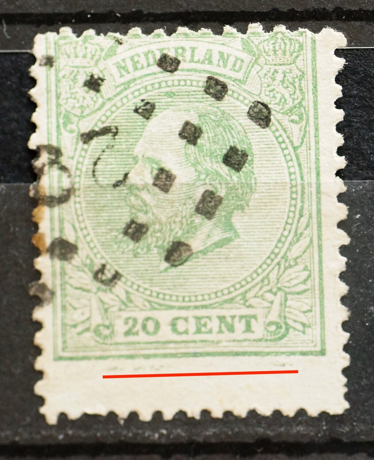 NVPH 24 - extra lange zegel - onderbroken groene lijn onder het zegelbeeld