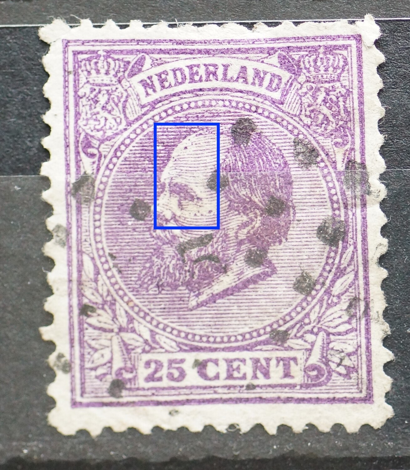 NVPH 26 - grote hoeveelheid violette stippen/vlekjes, o.a. in het gezicht NVPH 26 - grote hoeveelheid violette stippen/vlekjes, o.a. in het gezicht