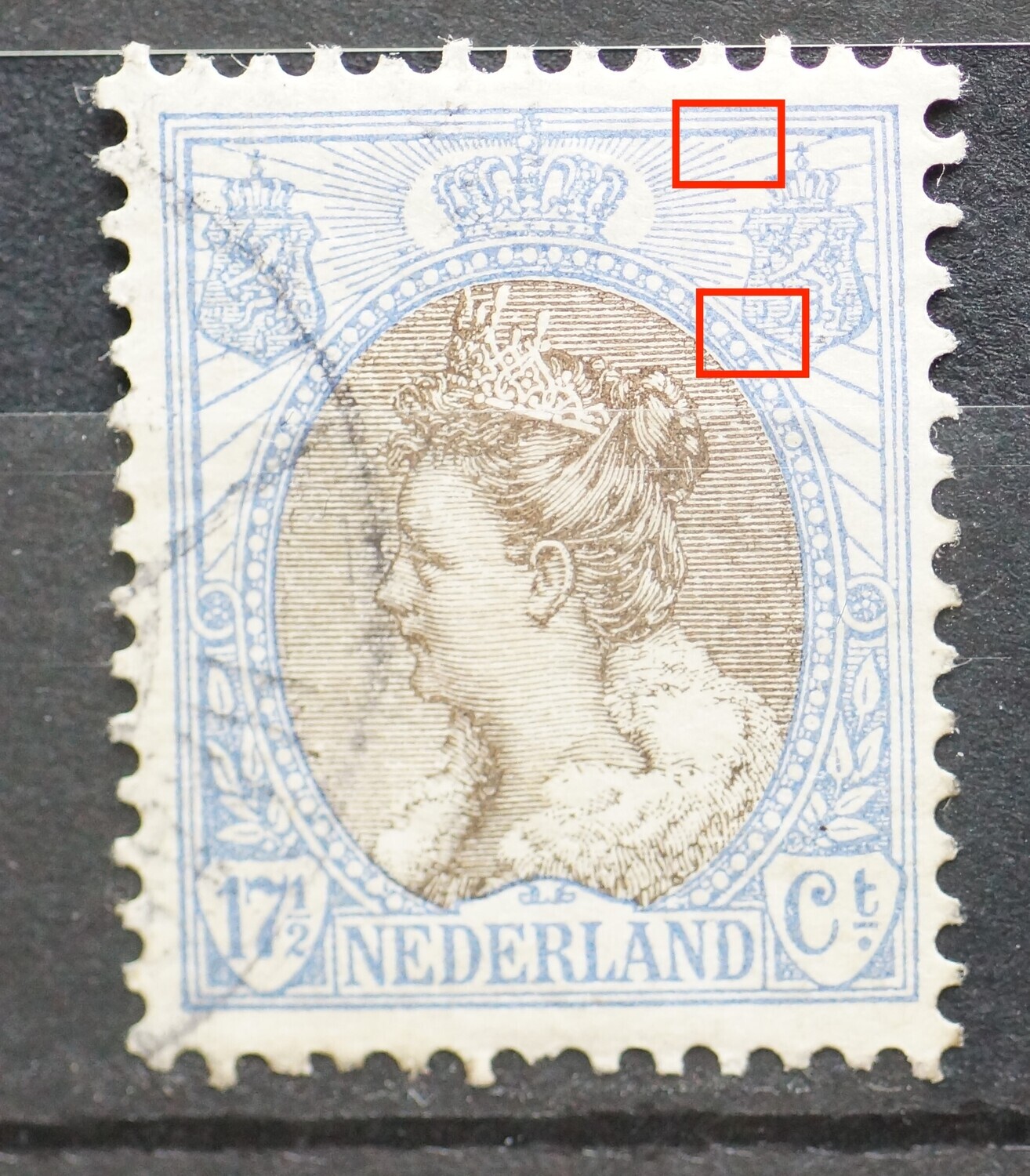 NVPH 67 - o.a. breuk in rand medaillon bij rechter wapenschild
