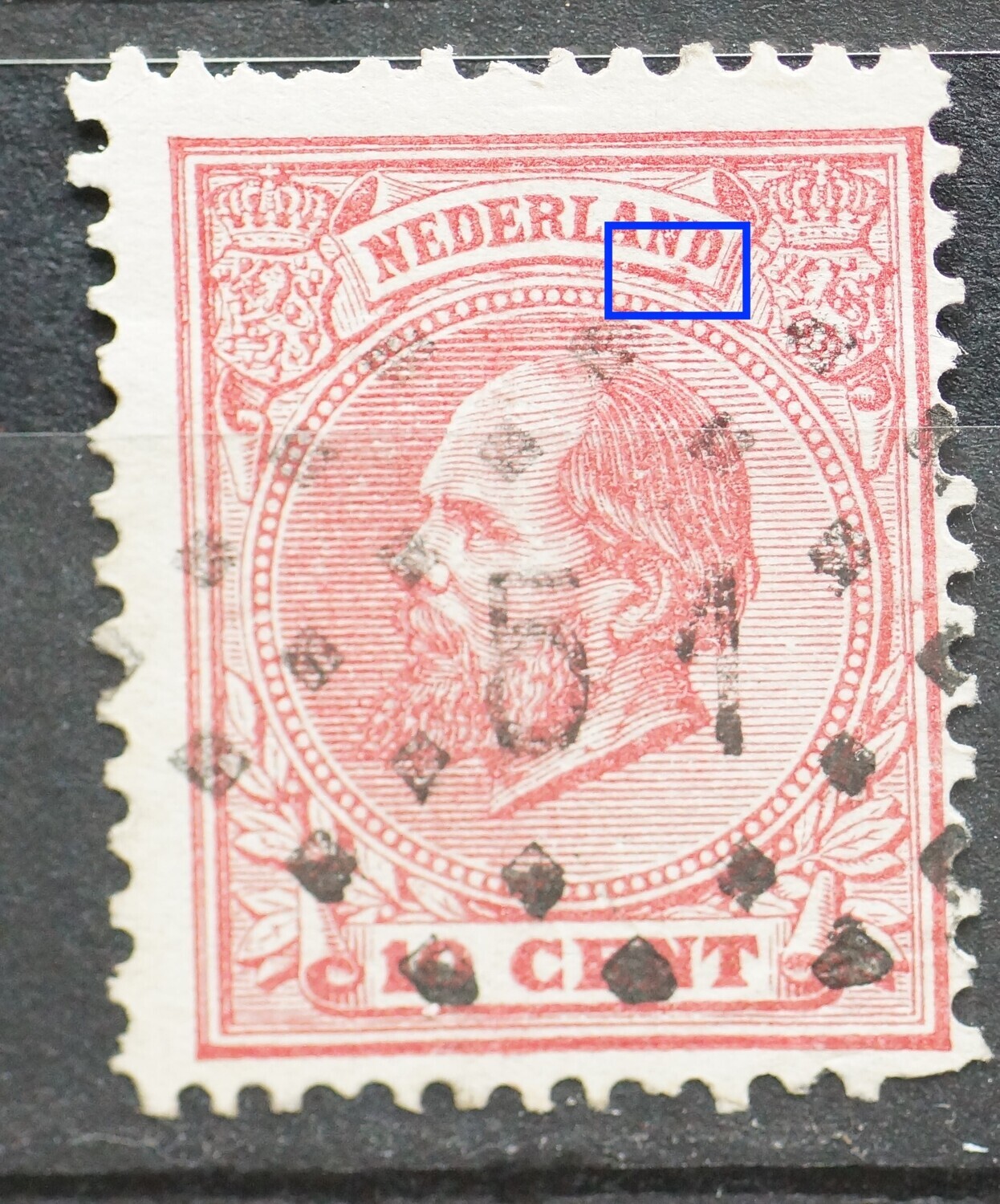 NVPH 21 - rode vlek onder ND van NEDERLAND