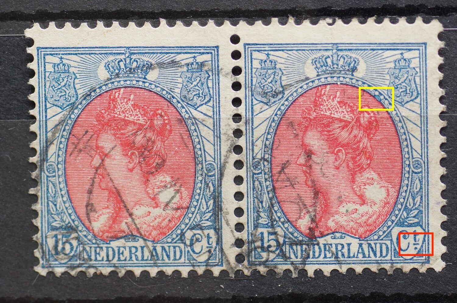 NVPH 65 (paar) - o.a. blauwe vlek in rand medaillon (rechter zegel)