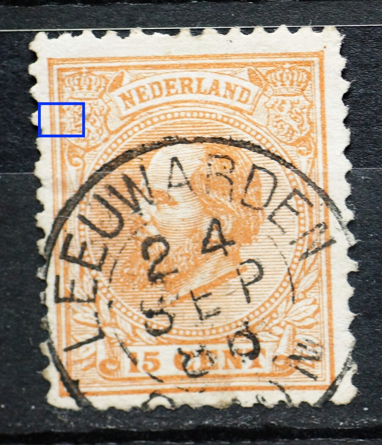 NVPH 23 - breuk in kaderlijn naast linker wapenschild