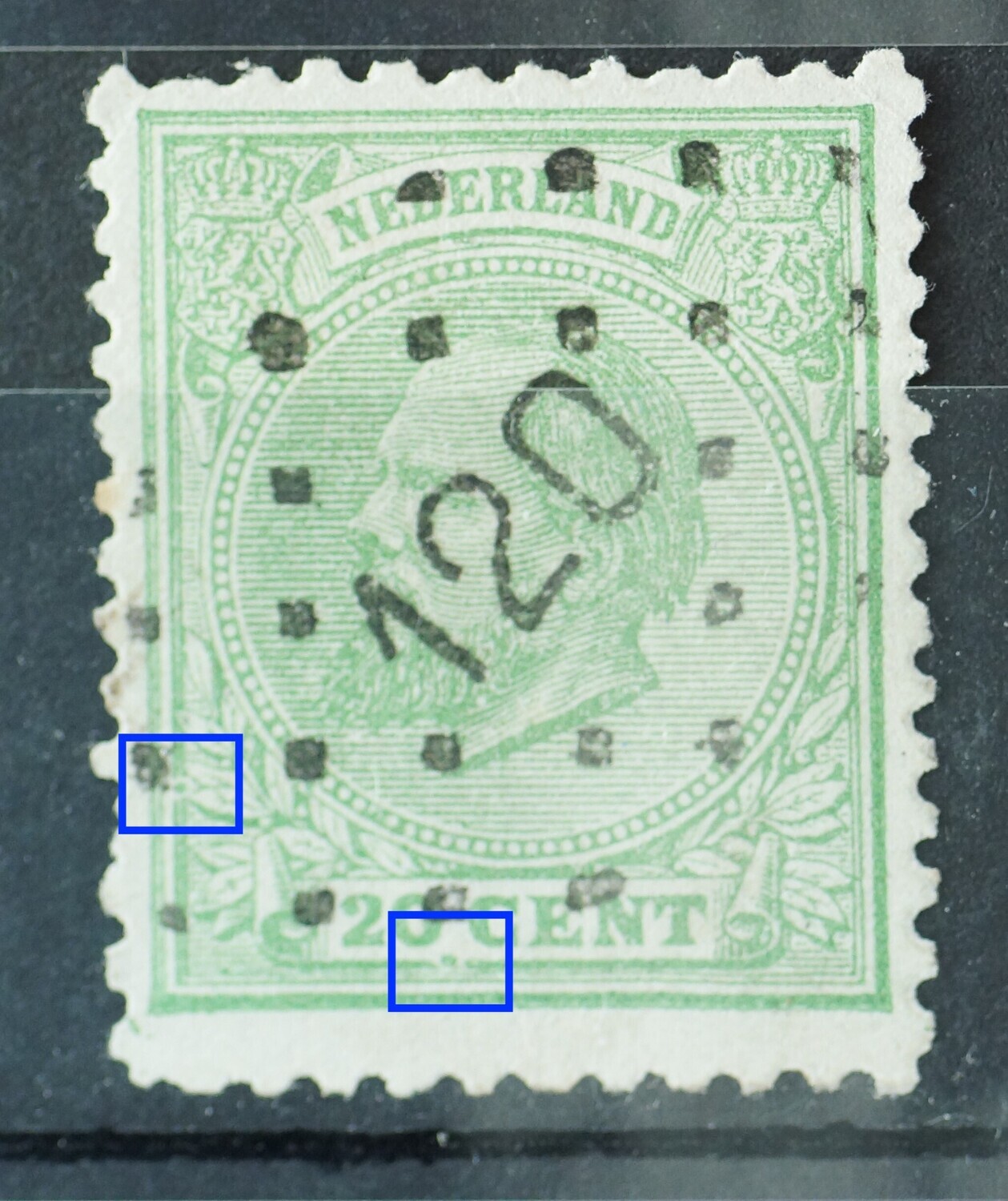 NVPH 24 - groene punten in kaderlijn links en onder 20 NVPH 24 - groene punten in kaderlijn links en onder 20