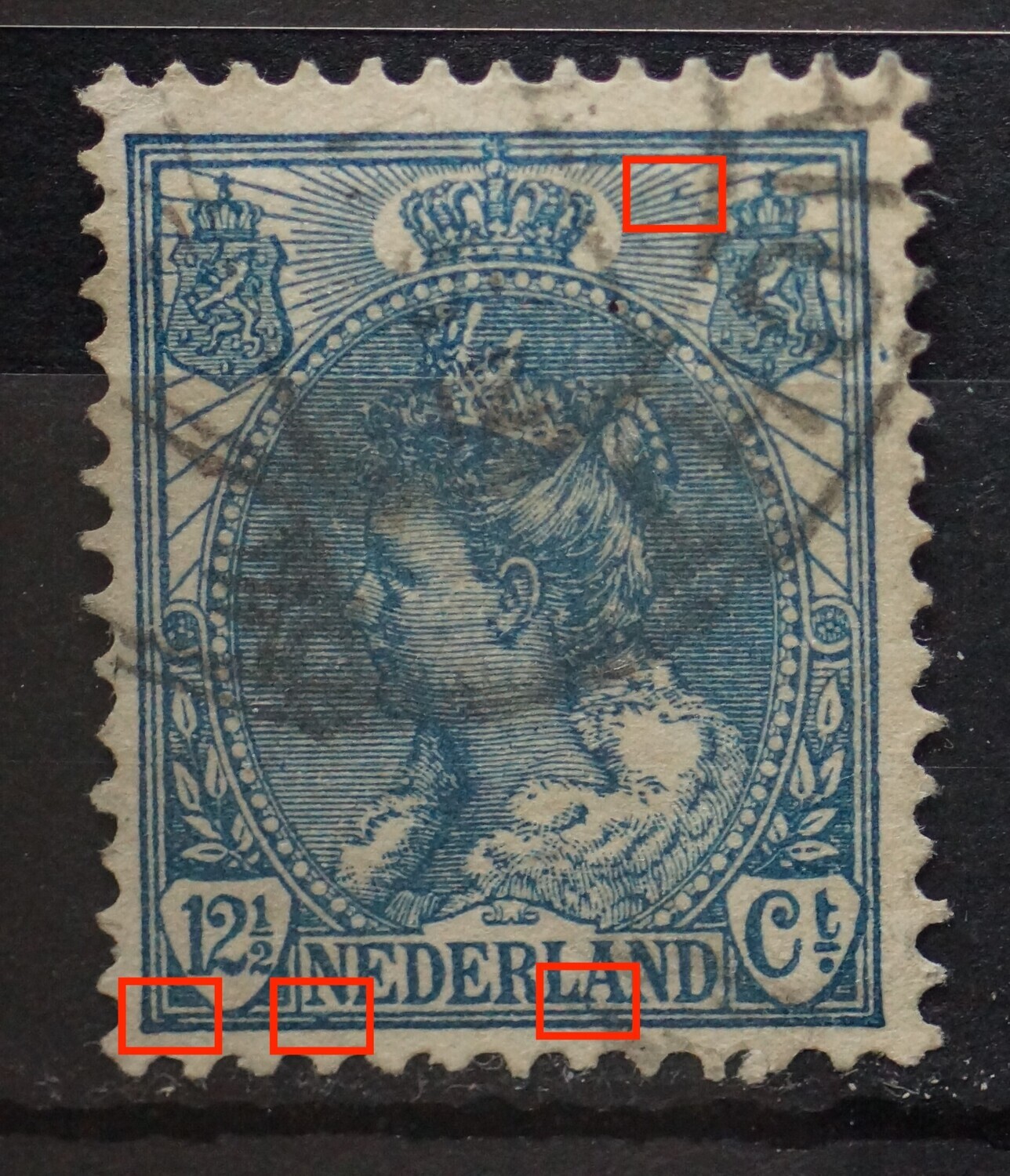NVPH 63 - diverse blauwe vlekken in het zegelbeeld