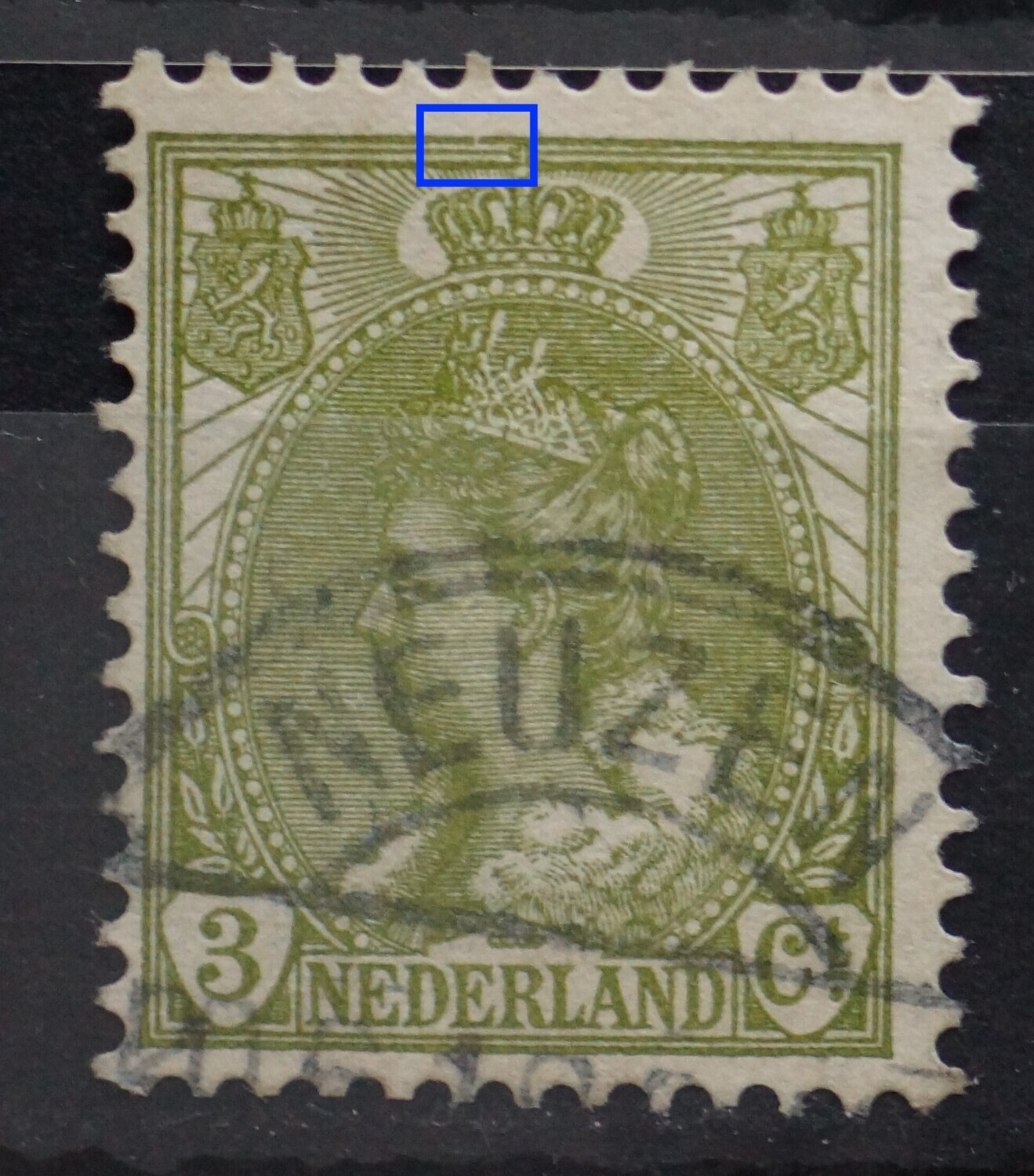 NVPH 57 - breuk in kaderlijn links van kroon NVPH 57 - breuk in kaderlijn links van kroon