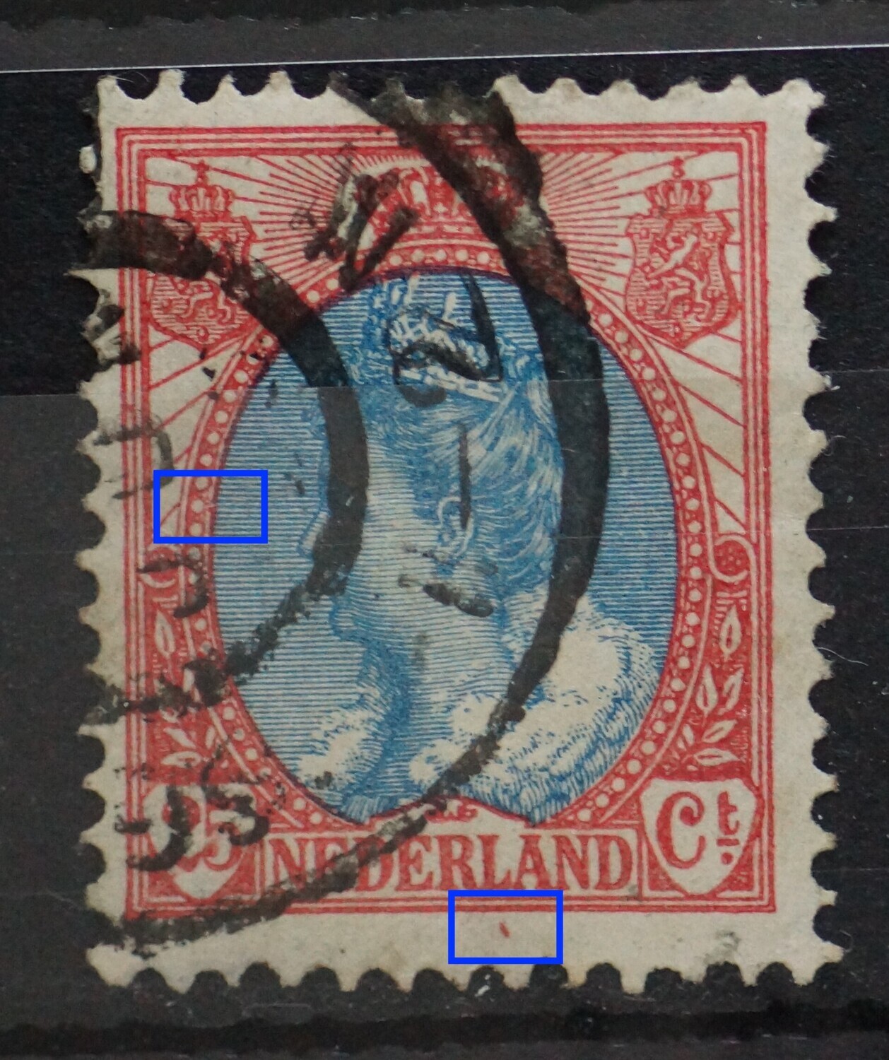 NVPH 71 - rood streepje onder het zegelbeeld en ebschadigd rand medaillon