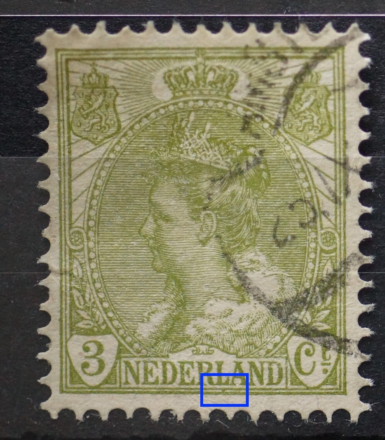 NVPH 57 - groene vlek onder de L van NEDERLAND