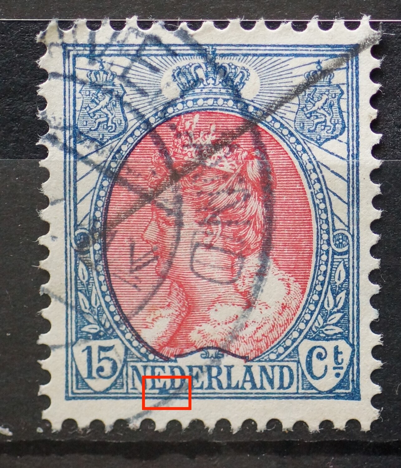 NVPH 65 - blauwe vlek onder de eerste E van NEDERLAND