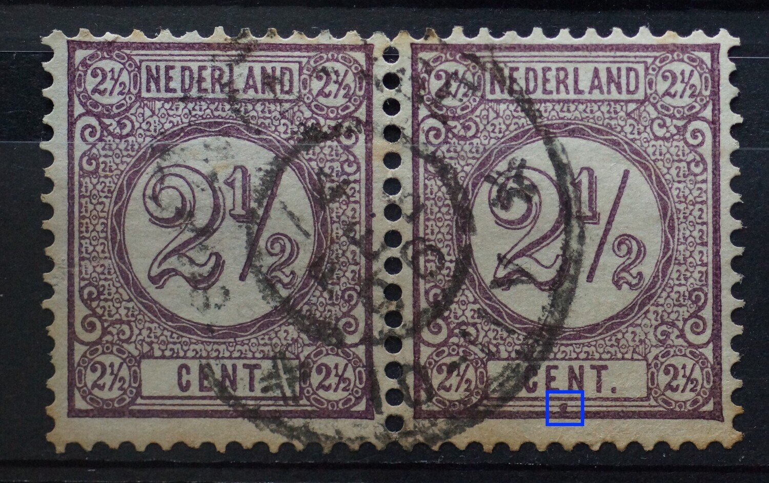 NVPH 33 (paar) - violette vlek onder EN van CENT (rechter zegel)