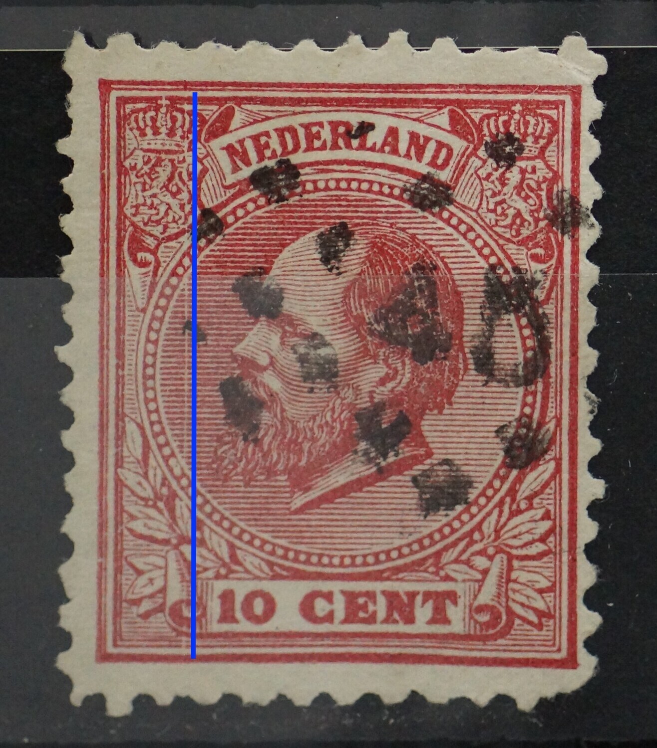 NVPH 21 - verticale witte (graveer)lijn, links in het zegelbeeld NVPH 21 - verticale witte (graveer)lijn, links in het zegelbeeld