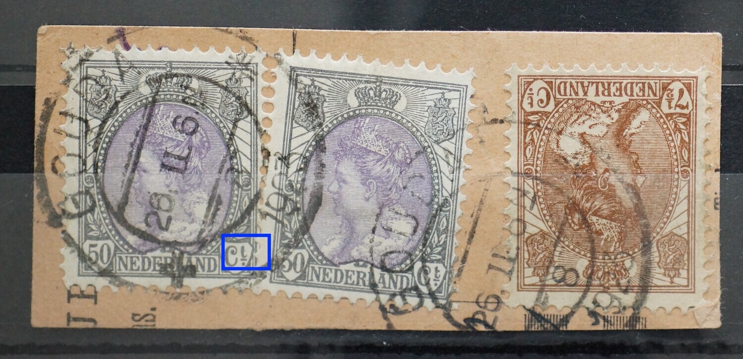 NVPH 75 (2x) o.a. ontbrekende zijstreep t van Ct. (linker zegel) NVPH 75 (2x) o.a. ontbrekende zijstreep t van Ct. (linker zegel)