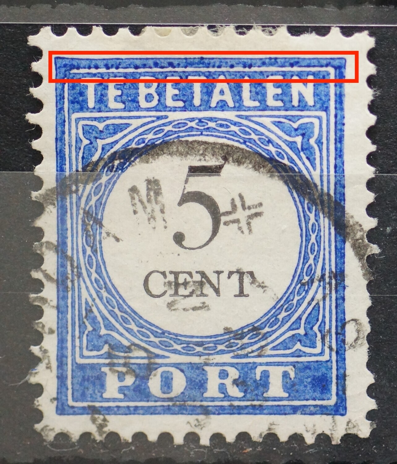 NVPH P19 - o.a. blauwe stippen/vlekken in boven kaderlijn23 - blauwe vlekken links
