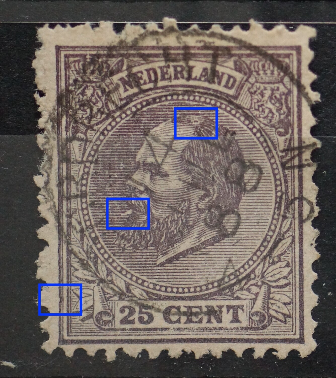 NVPH 26 - o.a. violette vlek in het haar en breuk in arcering voor de mond NVPH 26 - o.a. violette vlek in het haar en breuk in arcering voor de mond