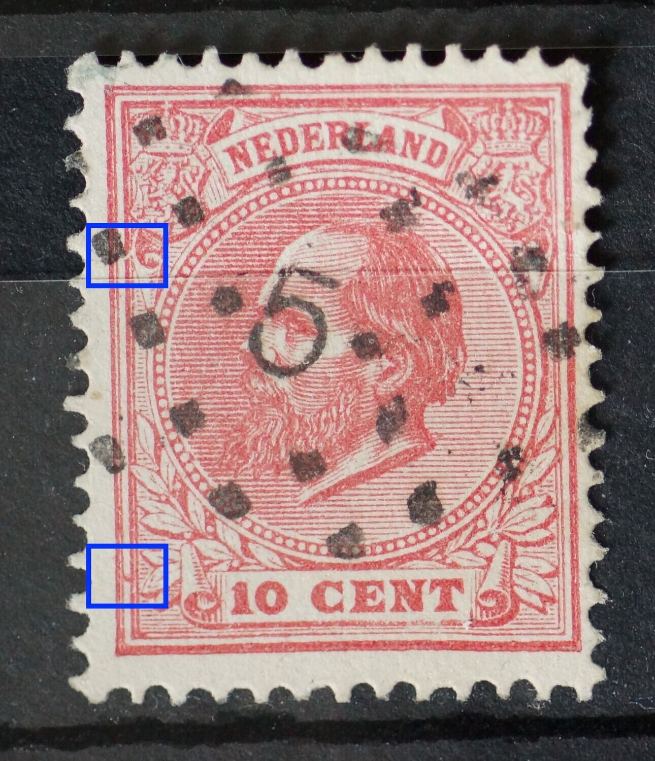 NVPH 21 - breuk en rode vlek in kaderlijn links NVPH 21 - breuk en rode vlek in kaderlijn links