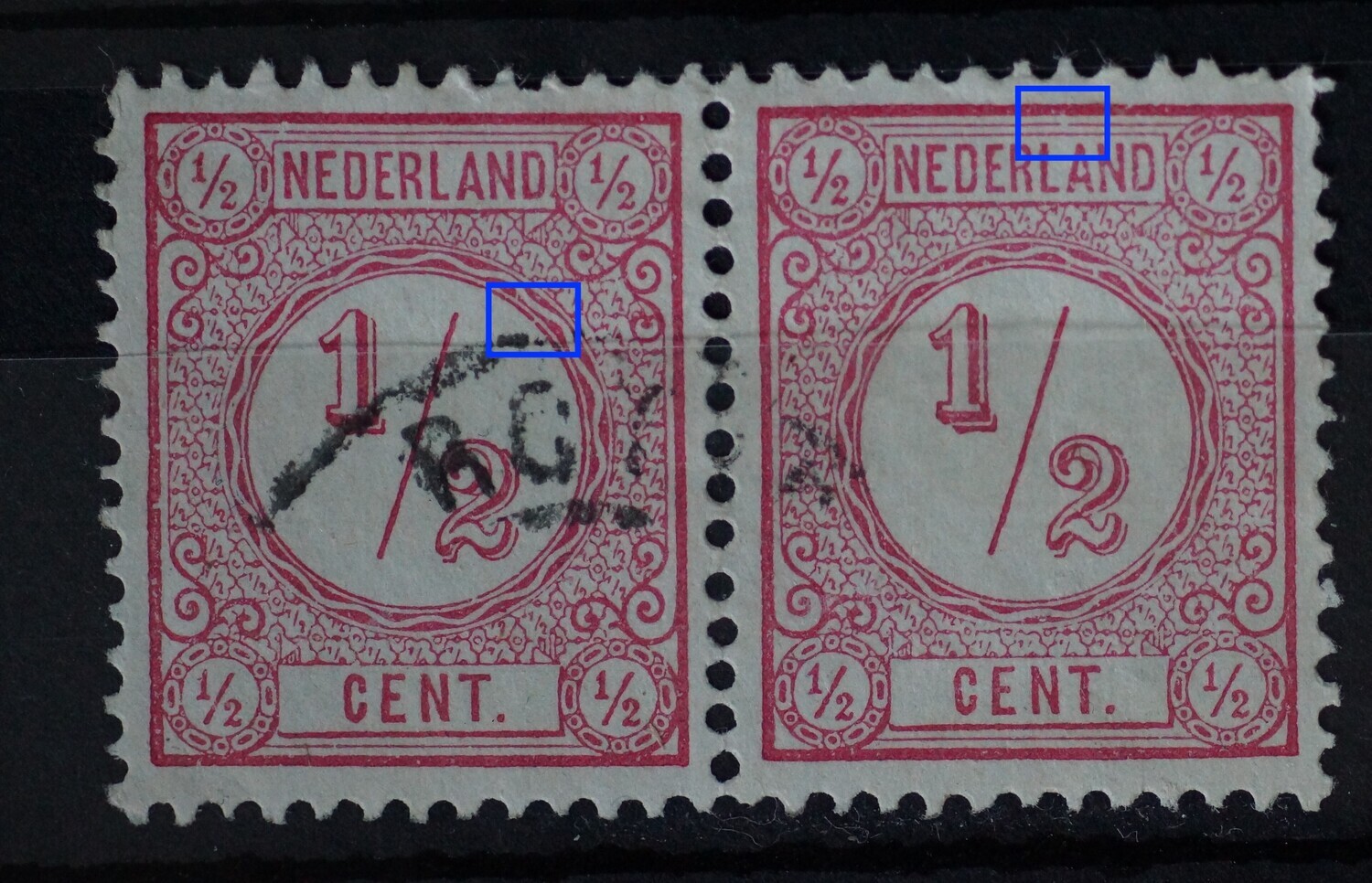 NVPH 30 (paar) - o.a. breuk in kaderlijn boven LA van NEDERLAND (rechter zegel)