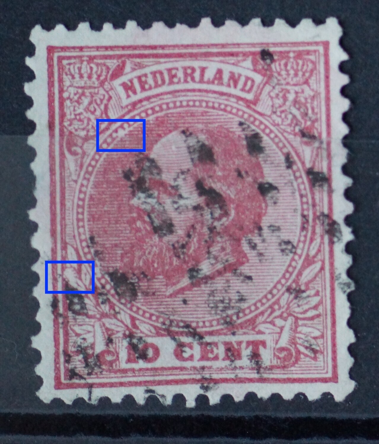 NVPH 21 - witte vlek in parelrand en in blad links