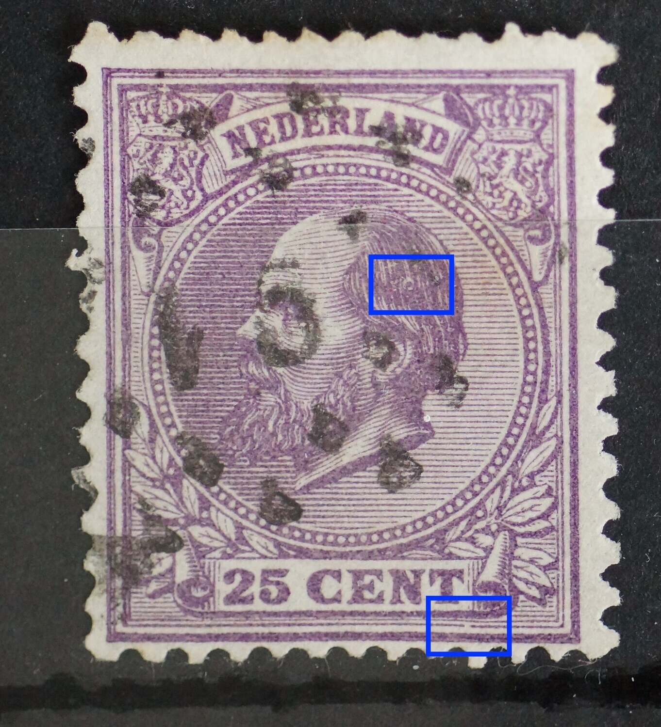 NVPH 26 - violette punt in haar en breuk in kaderlijn onder NVPH 26 - violette punt in haar en breuk in kaderlijn onder