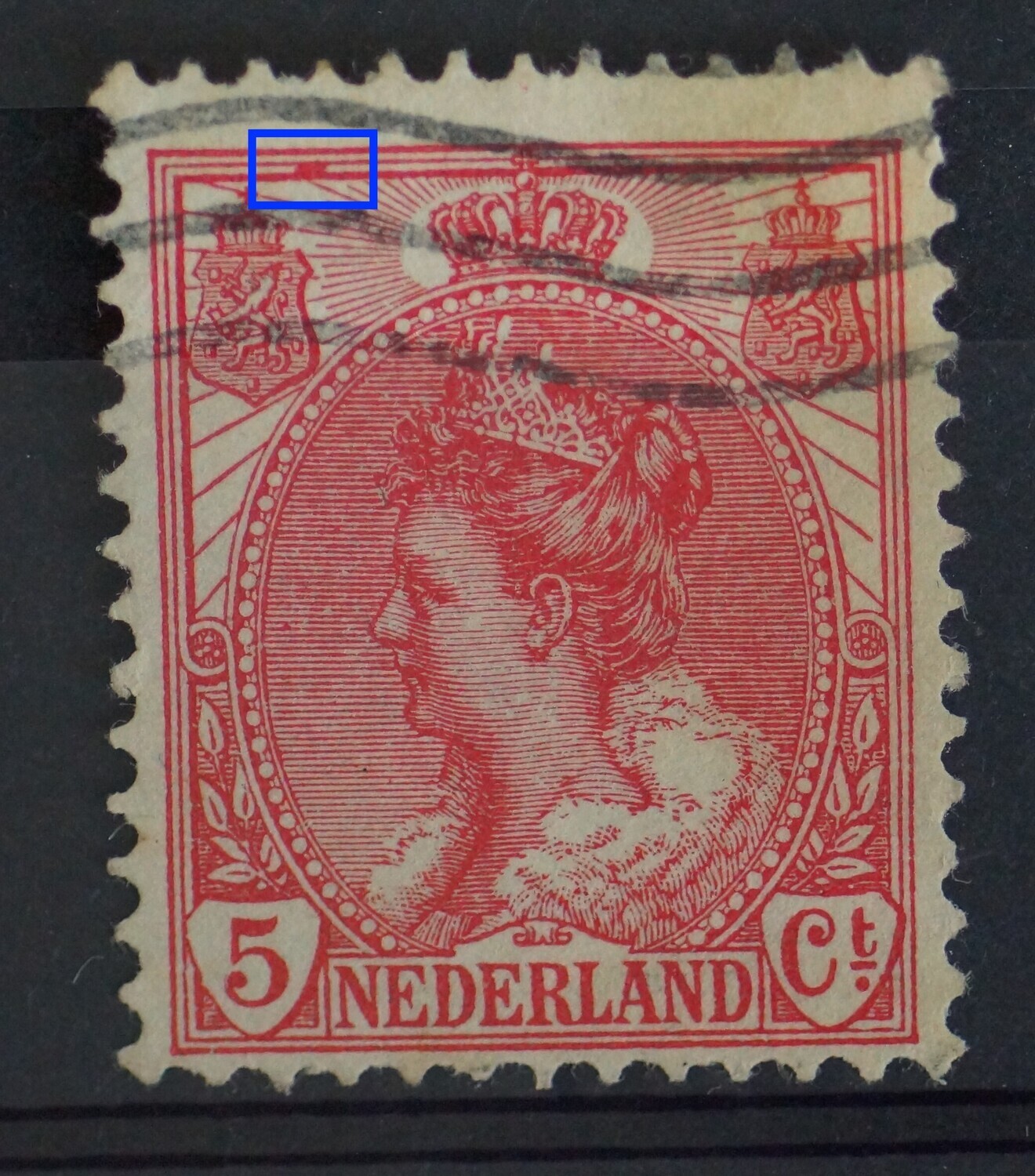 NVPH 60 - rode vlek tussen kaderlijnen boven, links NVPH 60 - rode vlek tussen kaderlijnen boven, links