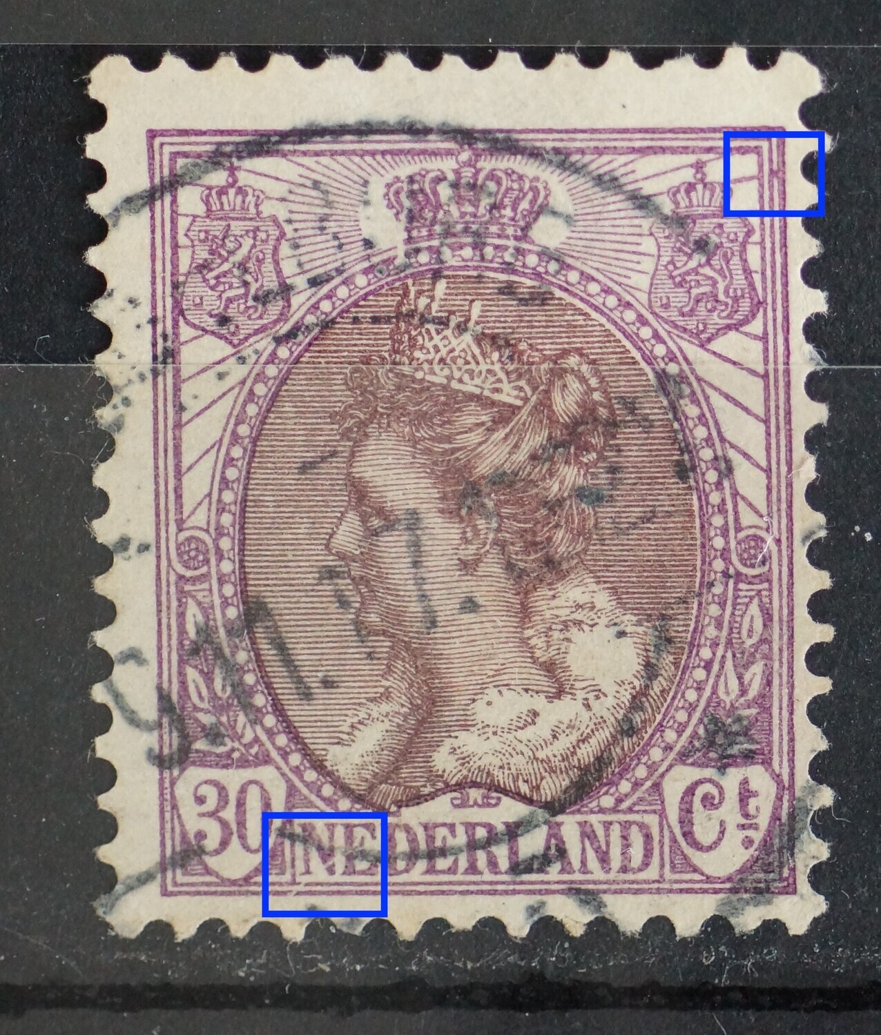 NVPH 72 - witte kras door NE van NEDERLAND en violette stip tussen kaderlijn rechts, boven