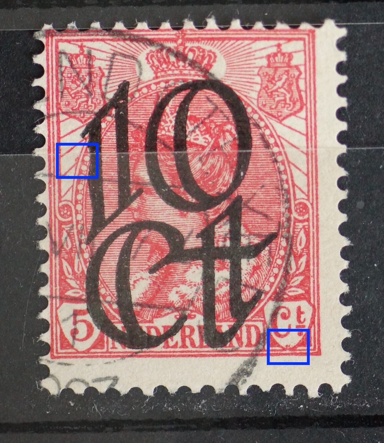 NVPH 116 - rode vlekken in het zegelbeeld links en rechts onder Ct. NVPH 116 - rode vlekken in het zegelbeeld links en rechts onder Ct.