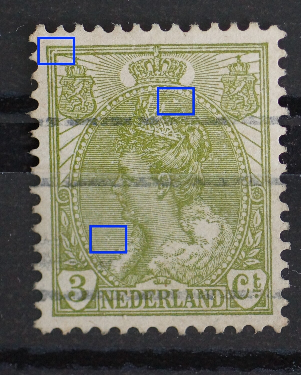 NVPH 57 - o.a. breuk in kaderlijn boven, links NVPH 57 - o.a. breuk in kaderlijn boven, links