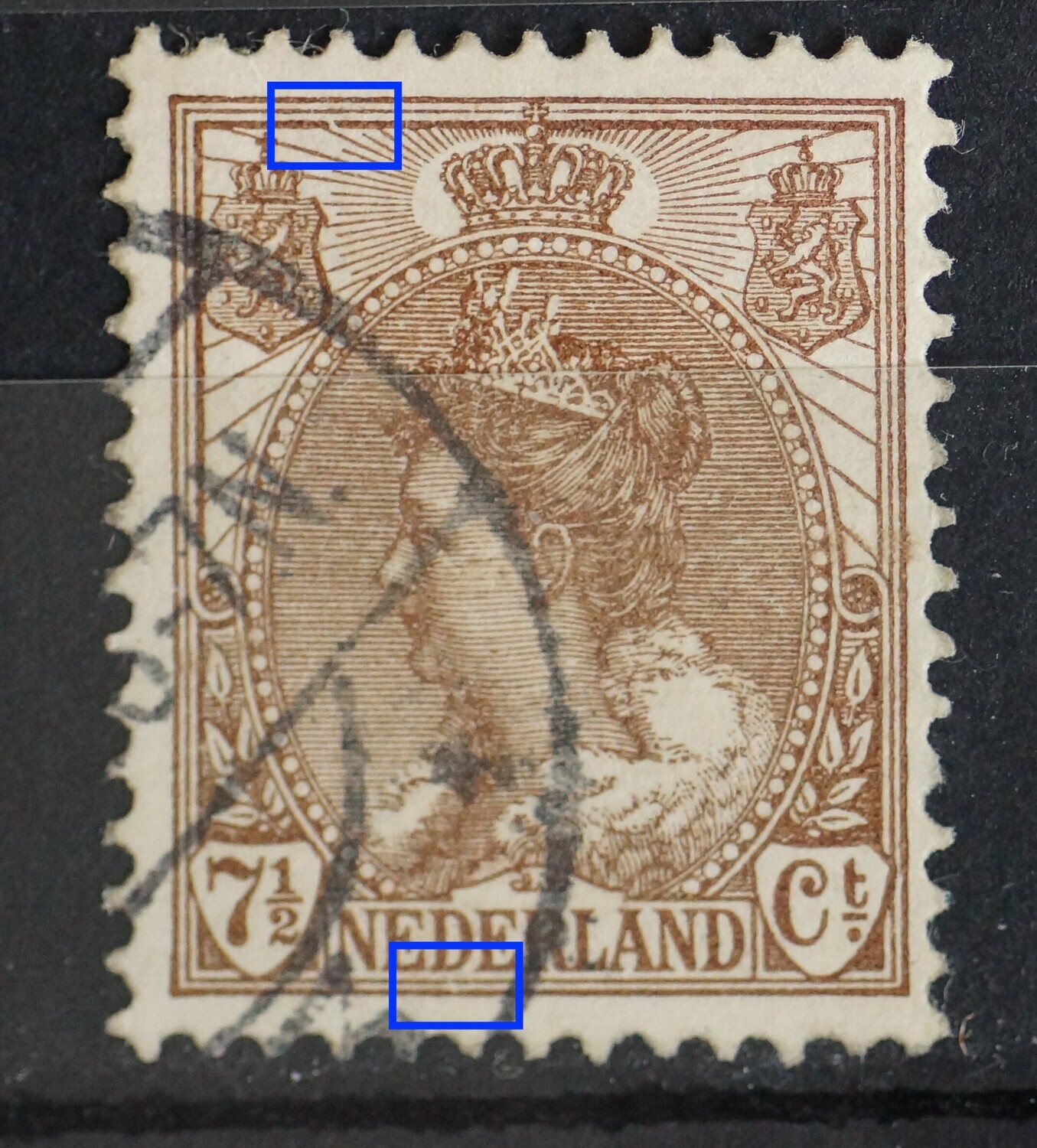 NVPH 61 - o.a. breuk in kaderlijn boven, links NVPH 61 - o.a. breuk in kaderlijn boven, links