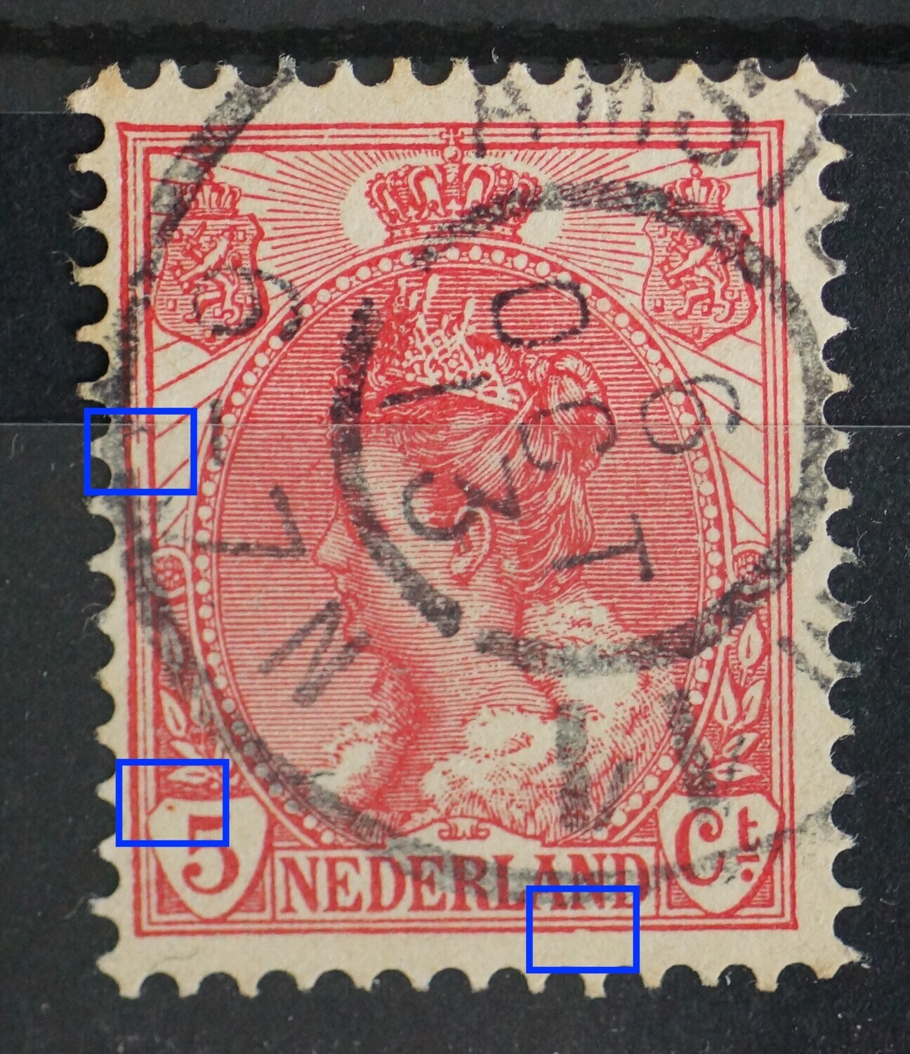 NVPH 60 - o.a. breuk in kaderlijn links en rode stip bij de 5 NVPH 60 - o.a. breuk in kaderlijn links en rode stip bij de 5