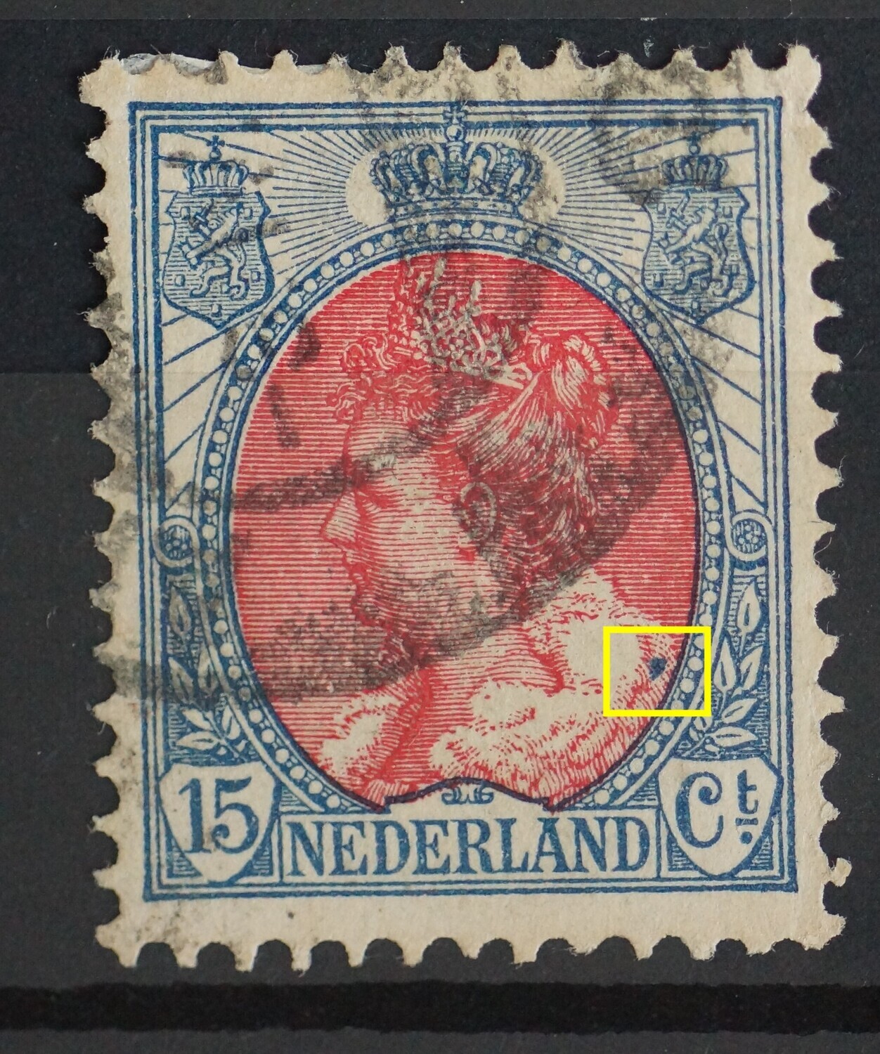 NVPH 65 - blauwe vlek op bontkraag, druktoeval ?
