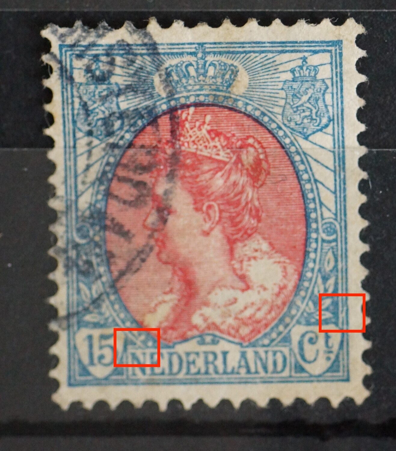 NVPH 65 - o.a. breuk in kaderlijn rechts en breuk in de parelrand boven de eerste N van NEDERLAND