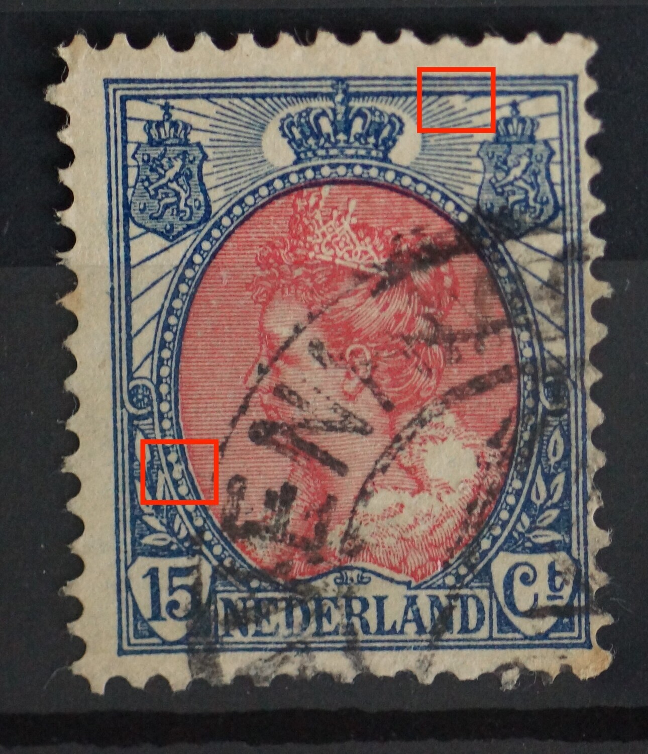 NVPH 65 - breuk in straal rechts van kroon en witte vlek in parelrand links NVPH 65 - breuk in straal rechts van kroon en witte vlek in parelrand links