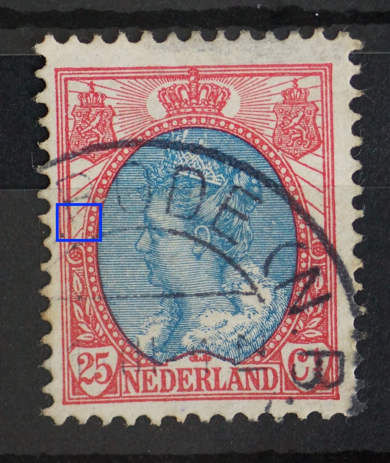 NVPH 71 - breuk in straal en in rand medaillon links NVPH 71 - breuk in straal en in rand medaillon links