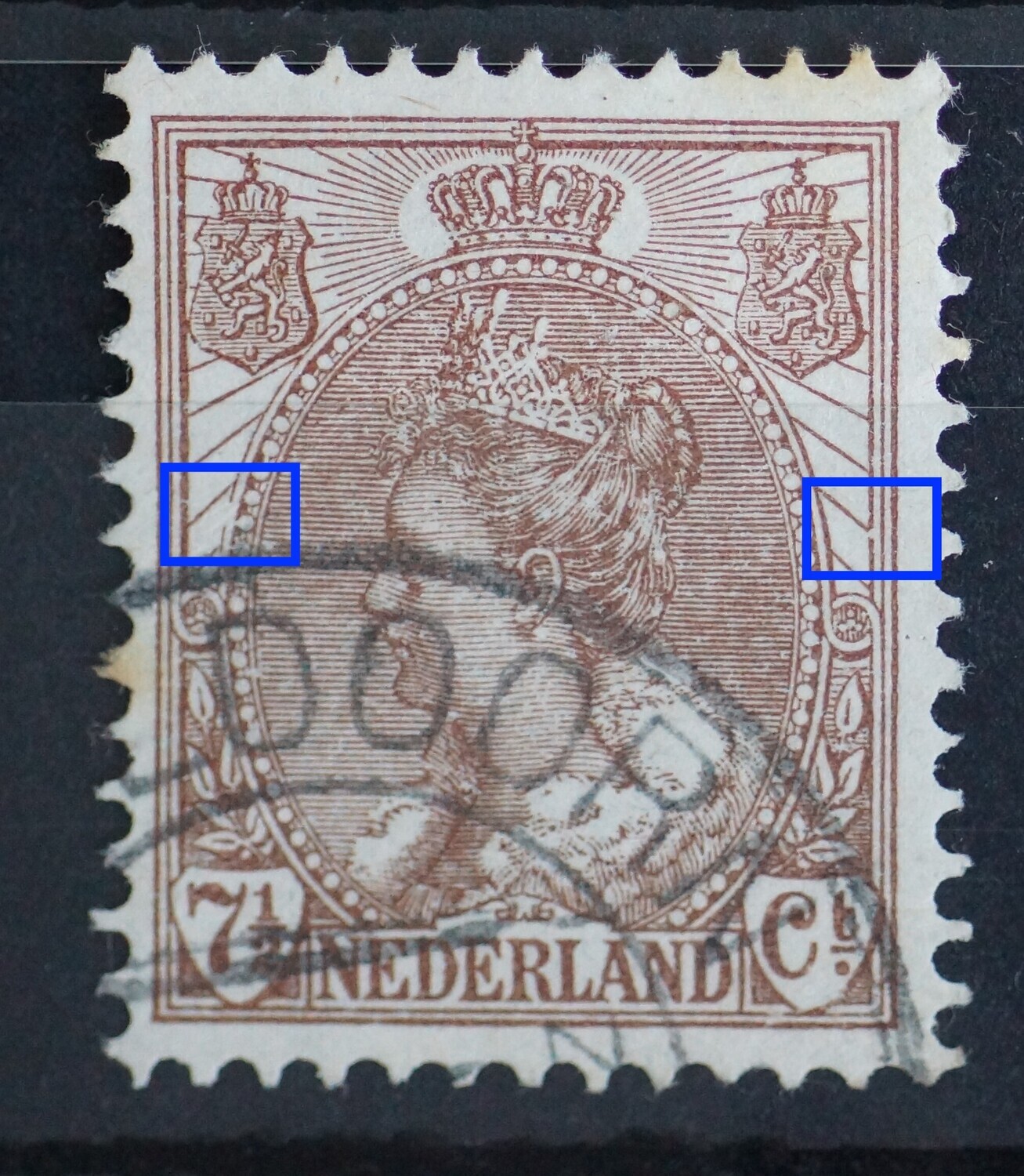 NVPH 61 - breuk in rand medaillon links, breuk in kaderlijn rechts NVPH 61 - breuk in rand medaillon links, breuk in kaderlijn rechts