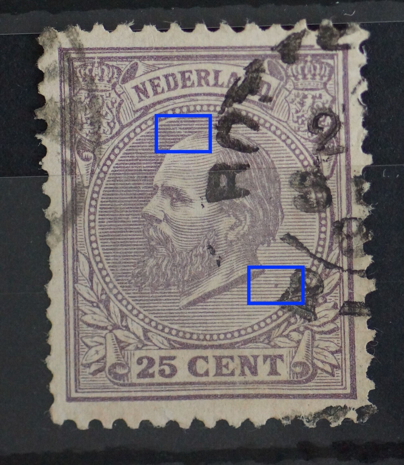 NVPH 26 - o.a. breuk in arcering boven het hoofd eb violette vlek rechtsonder het hoofd