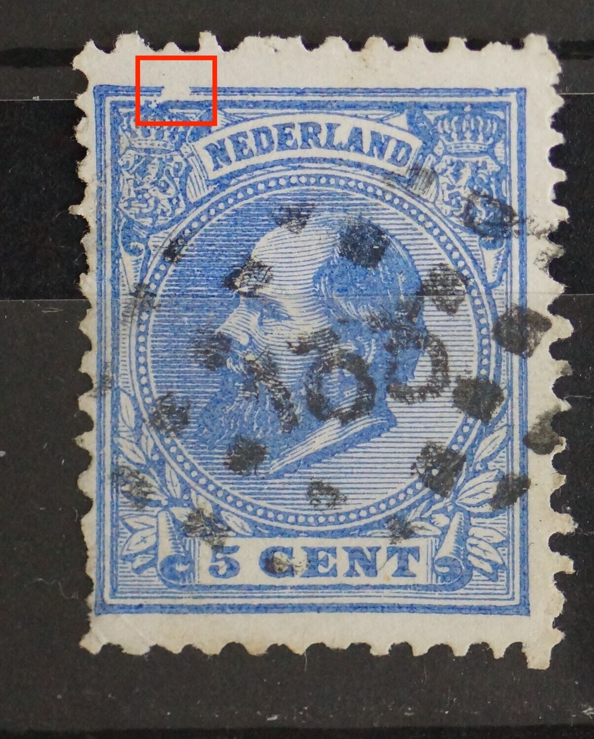 NVPH 19 - grote breuk in kaderlijn boven, links