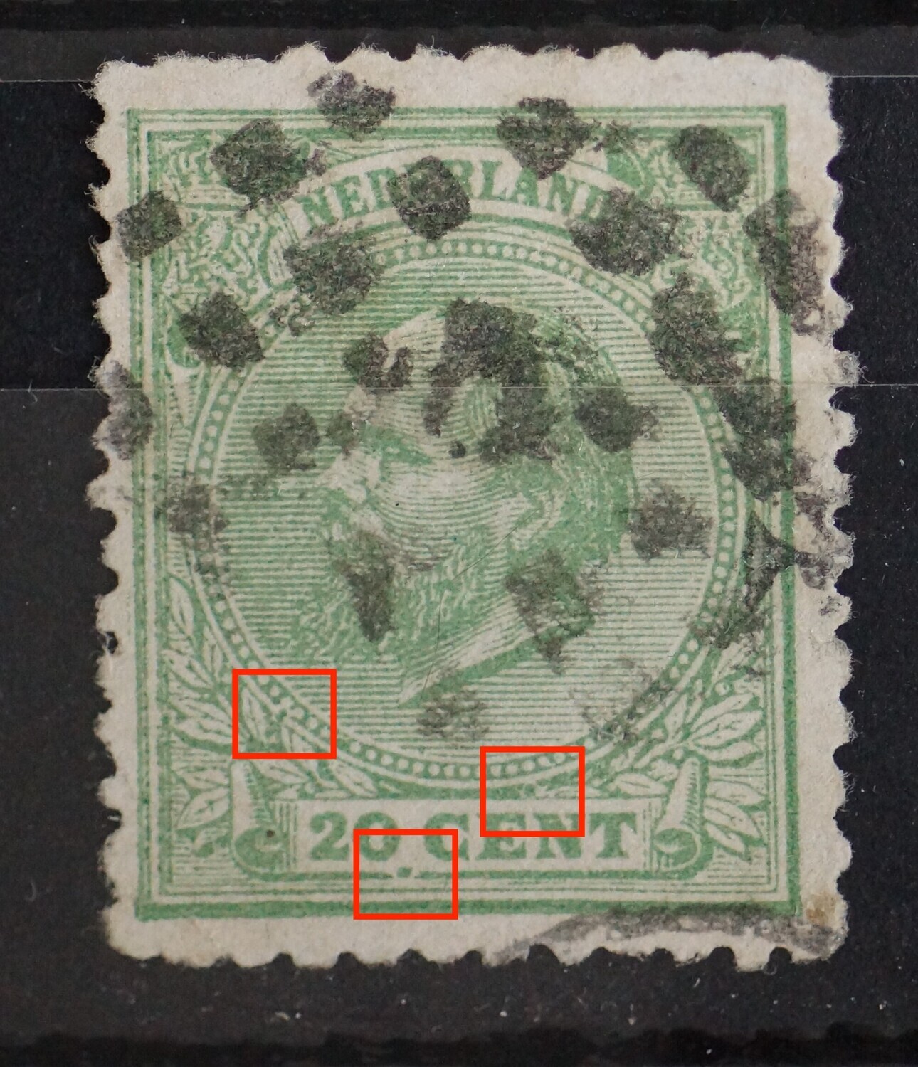 NVPH 24 - groene punten op diverse plaatsen in het zegelbeeld